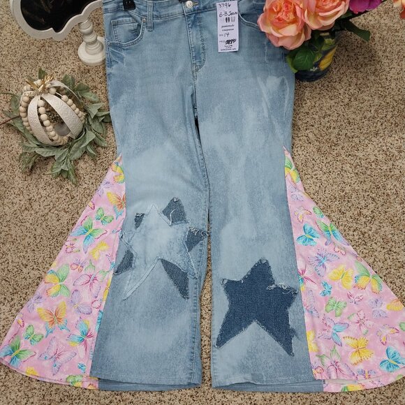 3796 Size 14 Upcycled Wonderly Bleach Dyed Butterfly and Stars Bell-Bottoms. - Picture 1 of 6